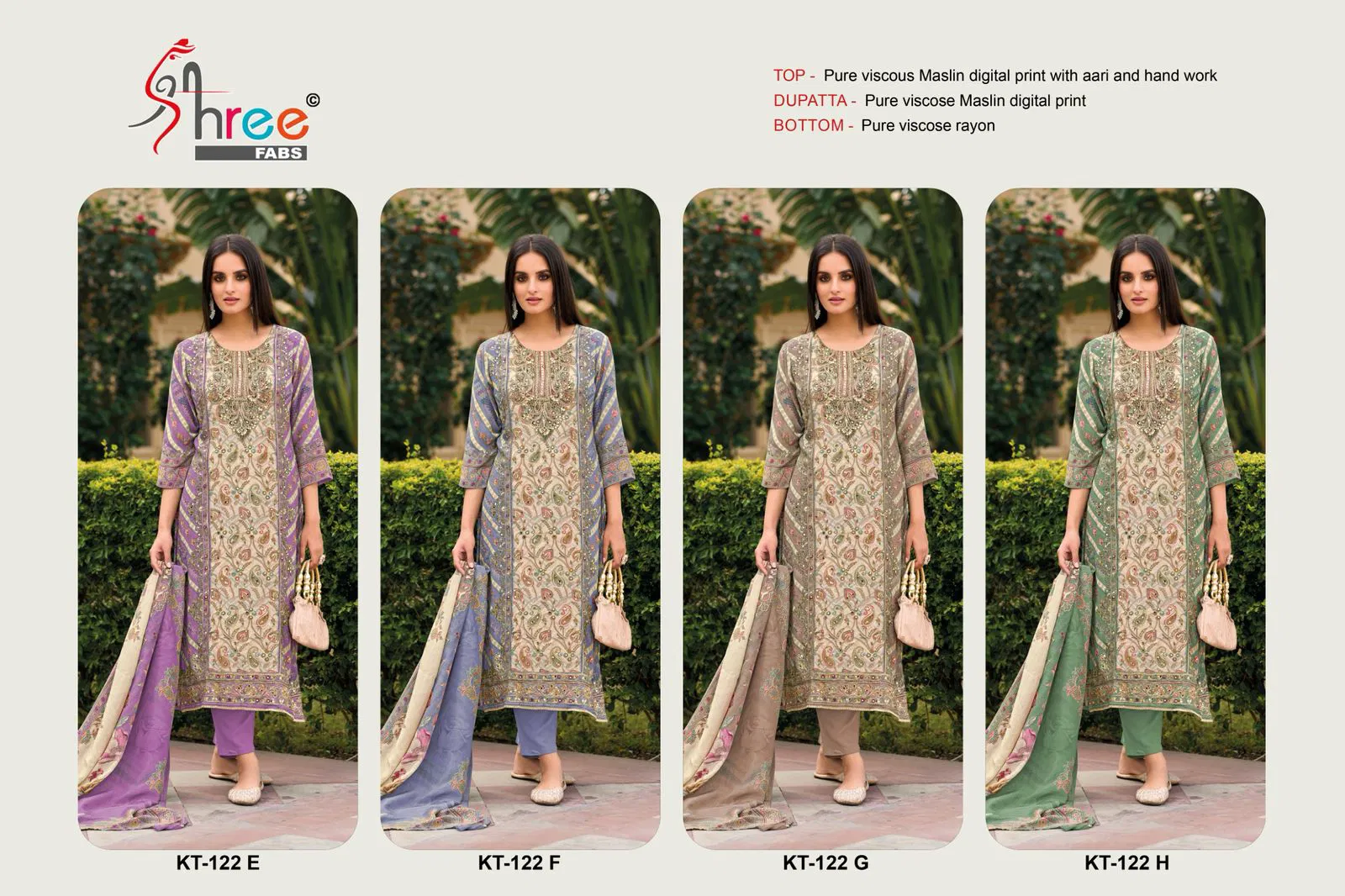 KT 122 E To H By Shree Viscose Maslin Digital Printed Salwar Suits Wholesale In Surat